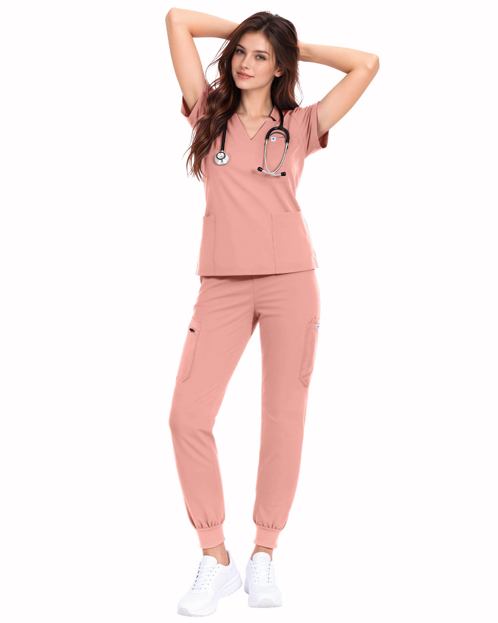Scrubs for Women Set, V-Neck Top & Joggers Yoga Pants with 10 Pockets