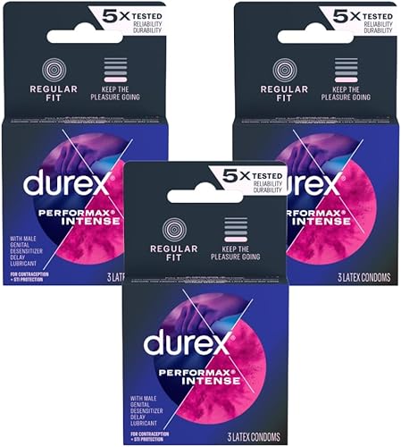Durex Performax - Preservativos intensos, ultrafinos, acanalados, punteados con lubricante de retardo de goma natural para hombres, aptos para FSA y