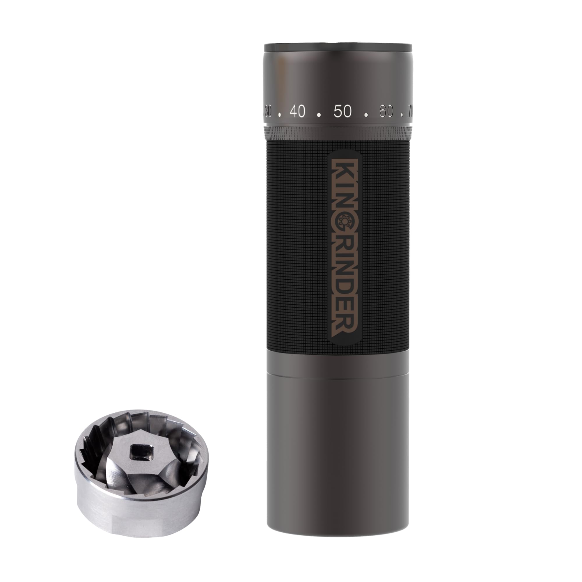 KINGrinder K7 Moulin à café manuel avec poignée incurvée, récipient magnétique et clip de poudre, broyeur conique professionnel 7 pans en acier inoxydable, capacité de 30 à 35 g