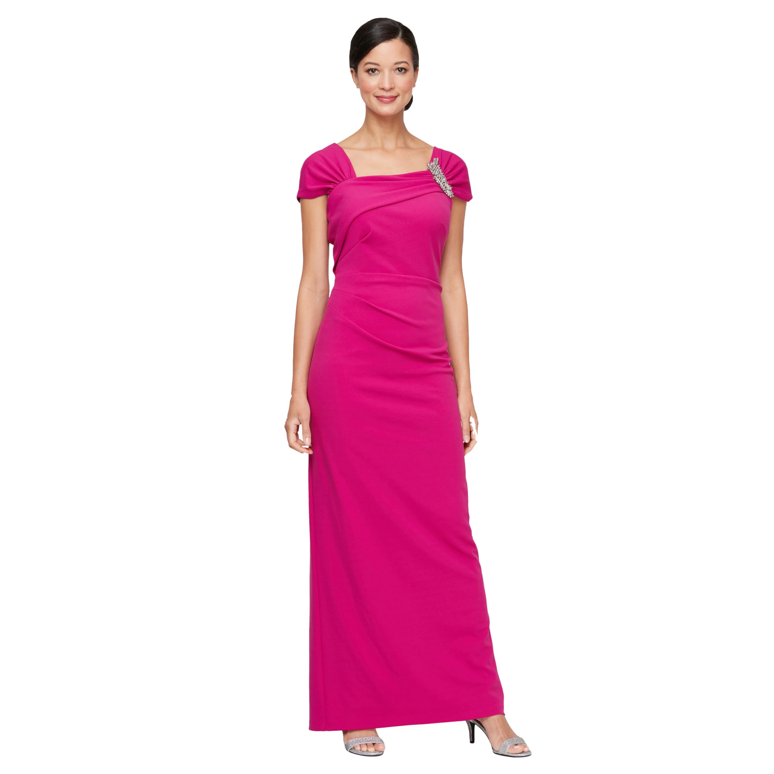 Alex Evenings Womens Long Crepe Mother of The Bride Dress with Ruched Asymmetric Neckline & Embellishment, Formal Events