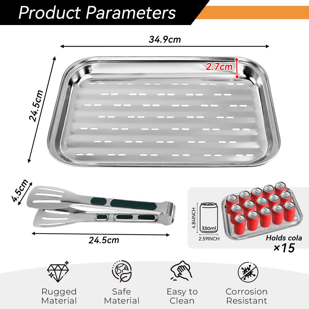 2 vassoi per barbecue in acciaio inox con fori, vassoio per barbecue con pinza, vassoi da forno per grigliare verdure, carne e pesce