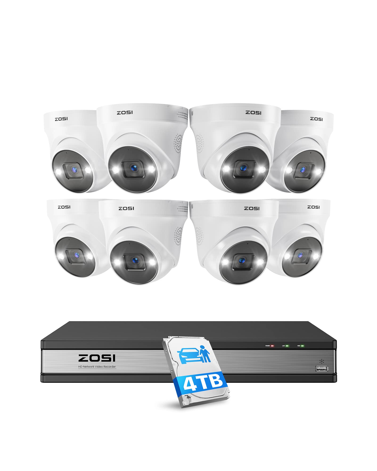 ZOSI 5MP Kit videosorveglianza PoE, 16CH 4K NVR con 4TB HDD, 8x 5MP Telecamera PoE, AI Rilevamento di Persone e Veicoli, Audio Bidirezionale, Visione Notturna a Colori, C225