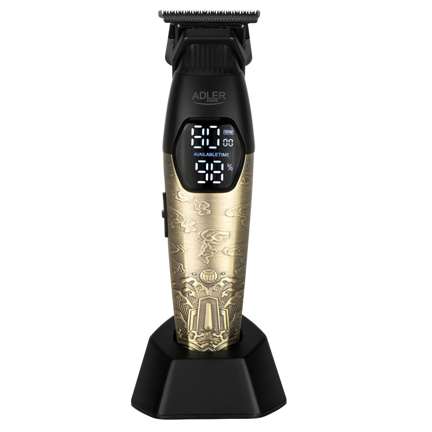 Adler Europe AD 2968 trymer do brody i wąsów, USB-C, precyzyjna kontura, 2 poziomy prędkości, 3 nasadki grzebieniowe (1,5/3/4,5 mm), wyświetlacz LED
