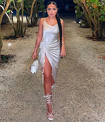 Image of LYANER Women's Satin Spaghetti Straps Cowl Neck Sexy Ruch Cocktail Midi Dresses