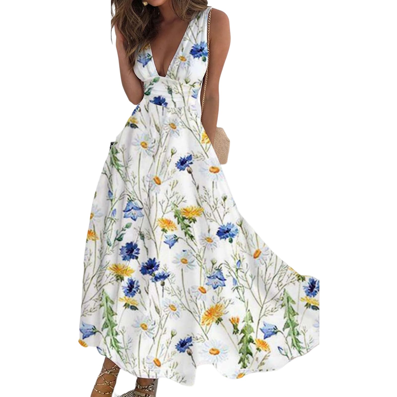 IVERIRMINWomen's Sleeveless Deep V Neck Floral Print Long Maxi Dresses Pleated High Waist Cocktail Party Evening Maxi Dress