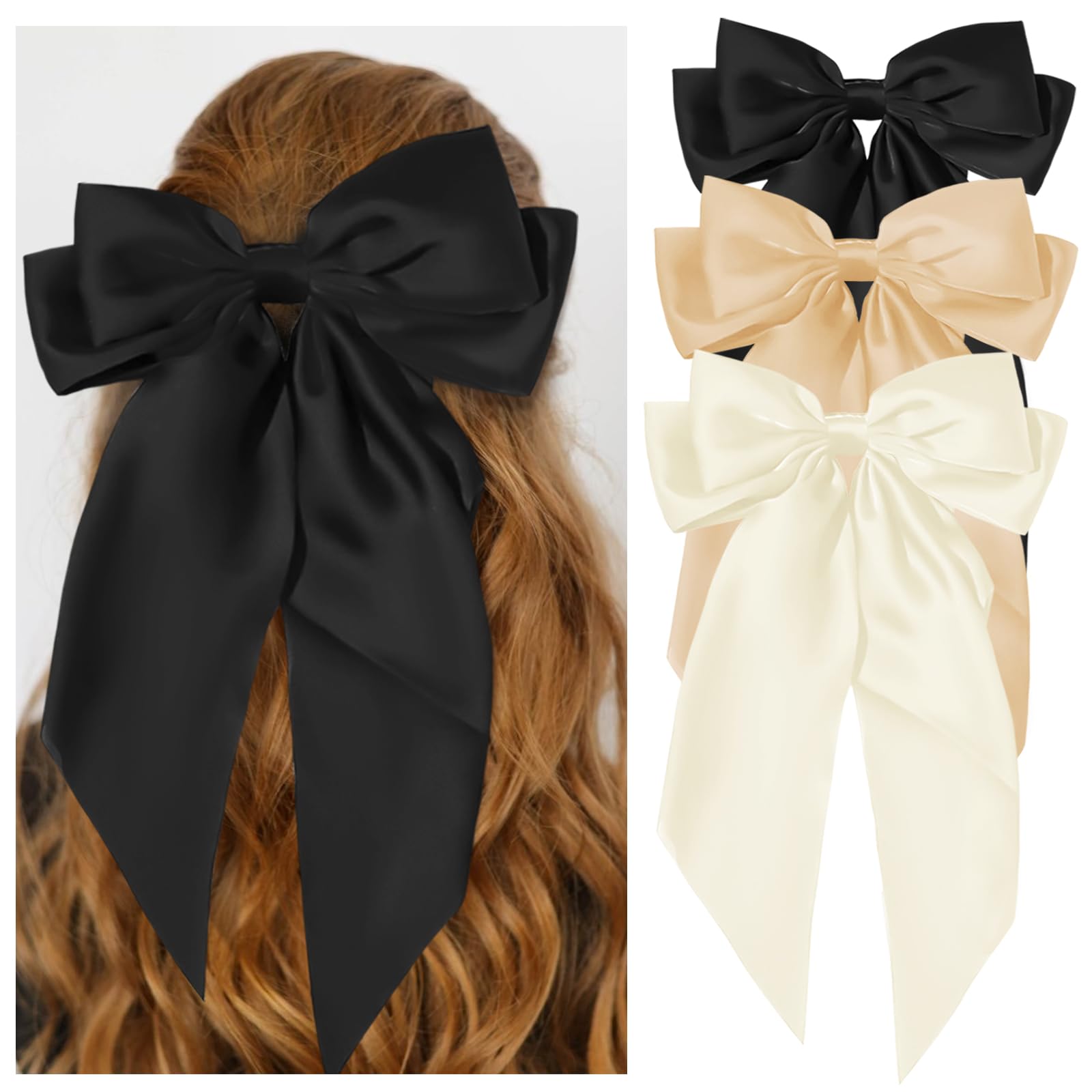 YONEEKSS 3 PCS Large Hair Bows Bowknot Hair Ribbons Clip Hair Barrettes with Long Silky Satin for Women and Girls (Colours: Black - Image 2
