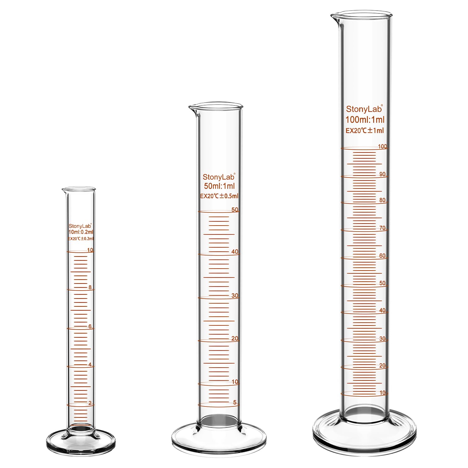 stonylab Messzylinder mit Skala, 10 ml / 50 ml / 100 ml Dickwandiges Borosilikatglas, Messzylinder Set Labor Glaswaren