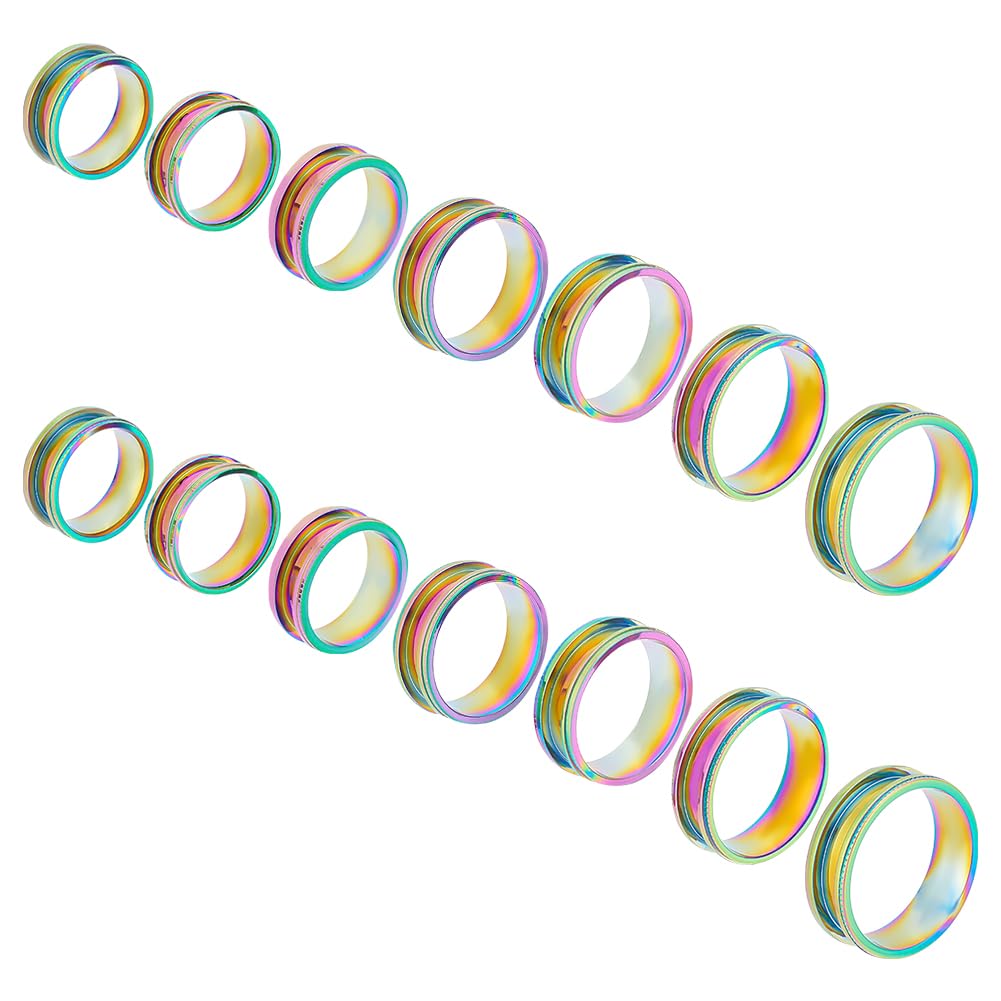 UNICRAFTALE 14pcs Rainbow Titanium Steel Grooved Finger Ring Set for DIY Inlay Resin Jewelry Making Gift