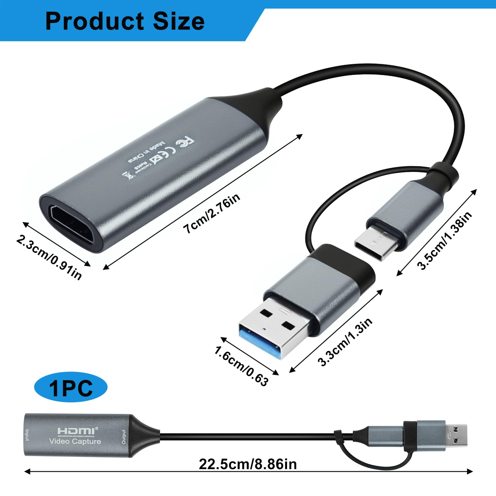 Karta przechwytywania wideo, karta przechwytywania audio USB 3.0 HDMI na USB C, przechwytywanie 4K 1080p 60 FPS z adapterem typu C