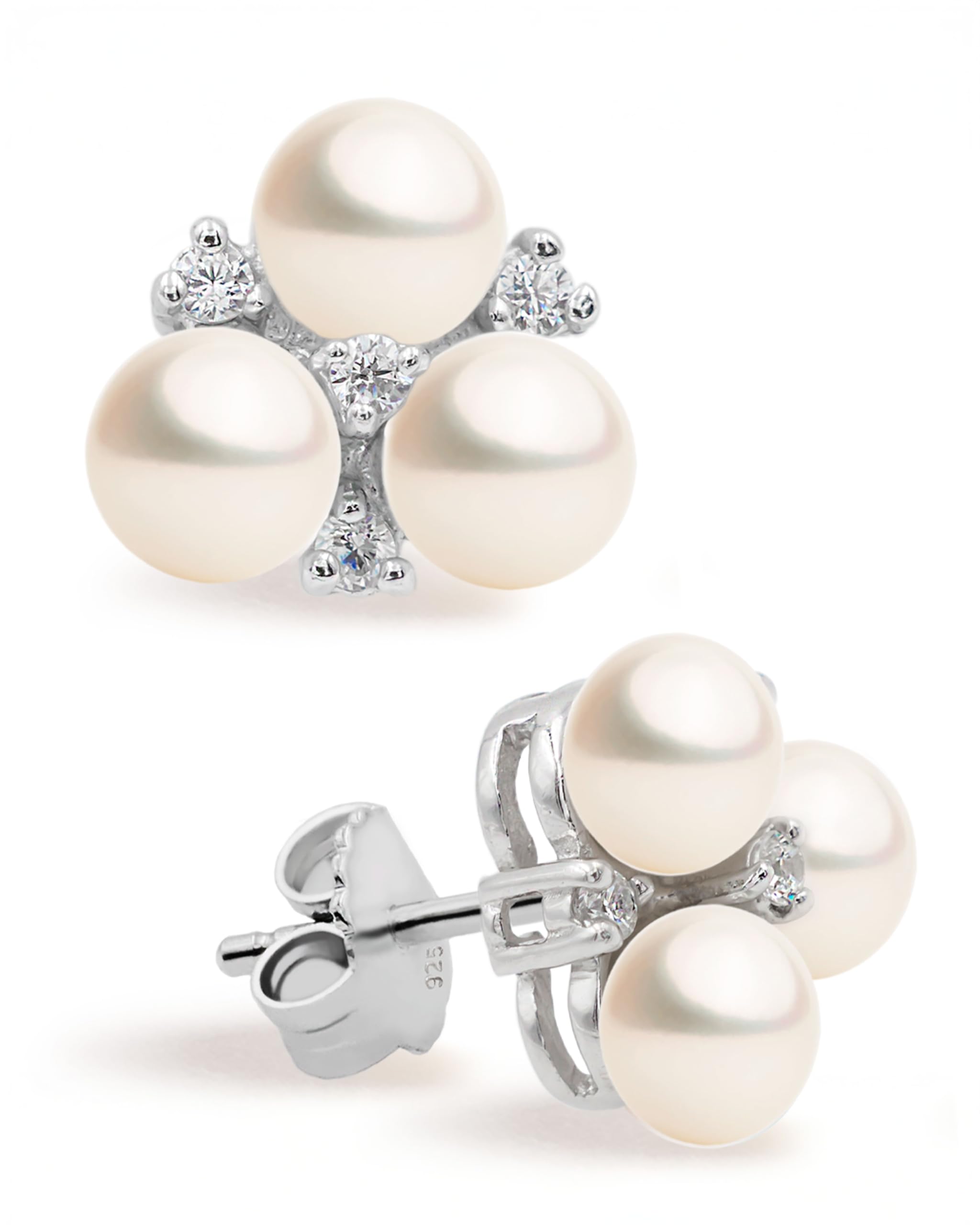 Pendientes de Mujer de Perlas Cultivadas de Agua Dulce Botón de 4-5 mm con circonitas Secret & You - Pendientes de Plata de Ley Rodiada de 925 Milésimas con Tuercas Grandes de Calidad.