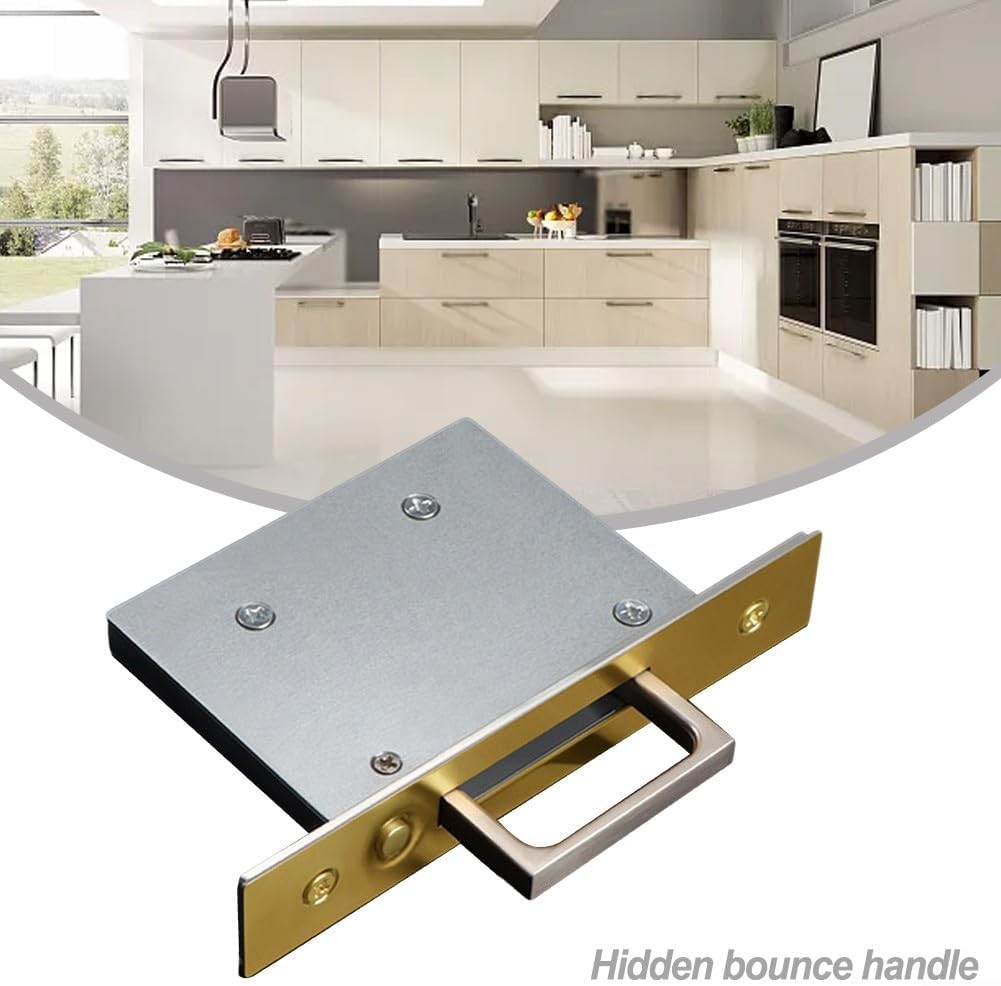 Recessed Pocket Door Pull with Spring Loaded Invisible Latch, Zinc Alloy Sliding Door Hardware, Matte Black Flush Mount Handle, Satin Nickel For Edge Pull, Push Button Release(Gold)