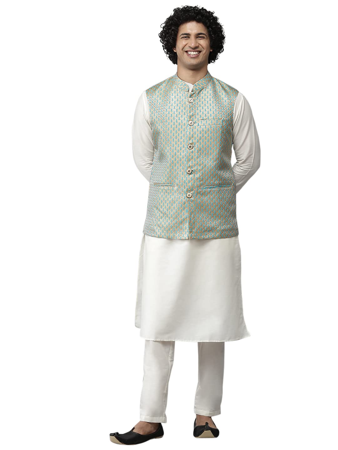 Kurta en soie pure vert mer pour homme : ensemble de pyjama d'exception - 8