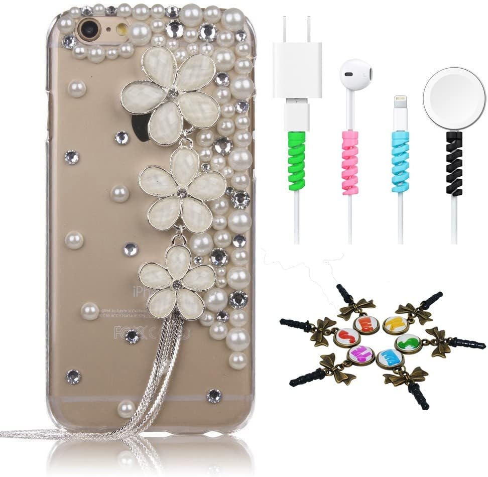 Bling Phone Case Compatible with Bling Case Compatible iPhone 11 - Stylish - 3D Handmade [Sparkle Series] Flowers Tassel Design Cover with Cable Protector [4 Pack] - White