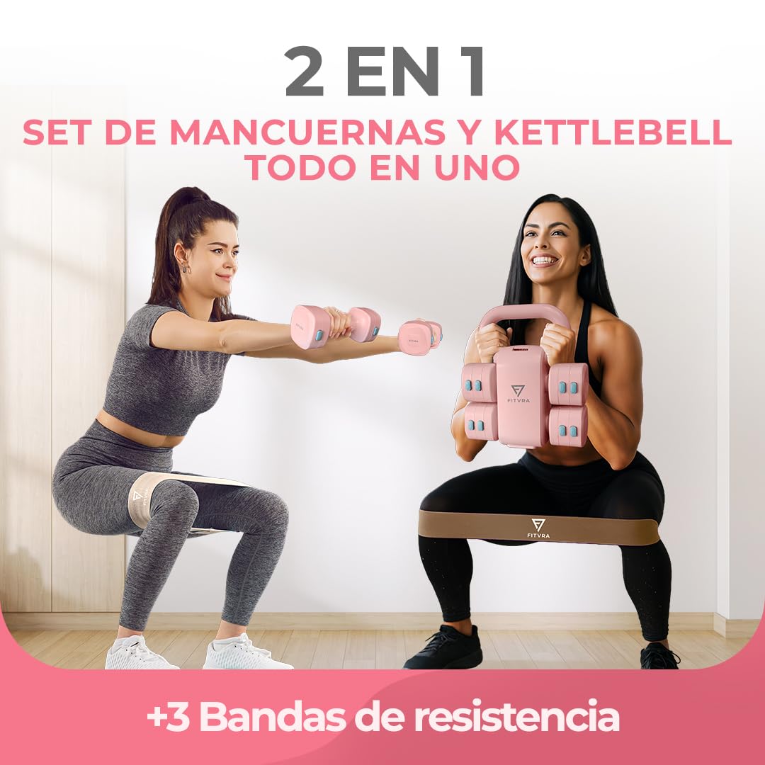 Pesas Ajustables 2 en 1 Mancuernas y Kettlebell | Pesas regulables para gimnasio en casa: mancuernas 1-3 kg, kettlebell 2,5-6,5 kg y 3 bandas elásticas
