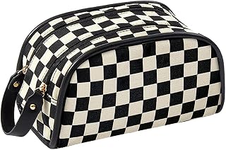 Large Capacity Travel Cosmetic Bags, Checkered Makeup Bag, Cosmetic Bag, Makeup Bags for Women, Bilateral Zipper Large Opening With Portable Handle Makeup Organizer Bag- Checkered Black