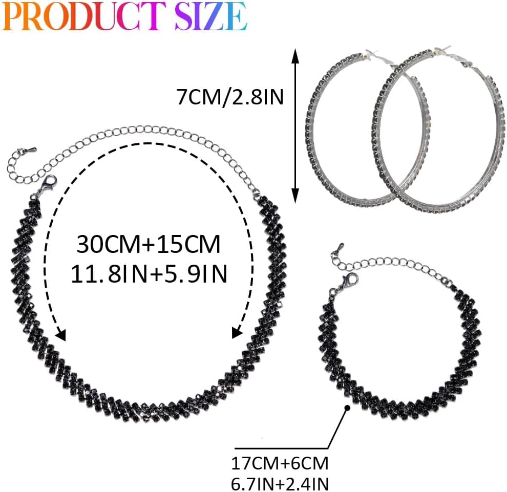 Unicra Black Jewelry Sets Rhinestone Necklace Hoop Earrings Bracelet Set Prom Formal Sparkly Costume Jewelry Sets for Women - Image 7