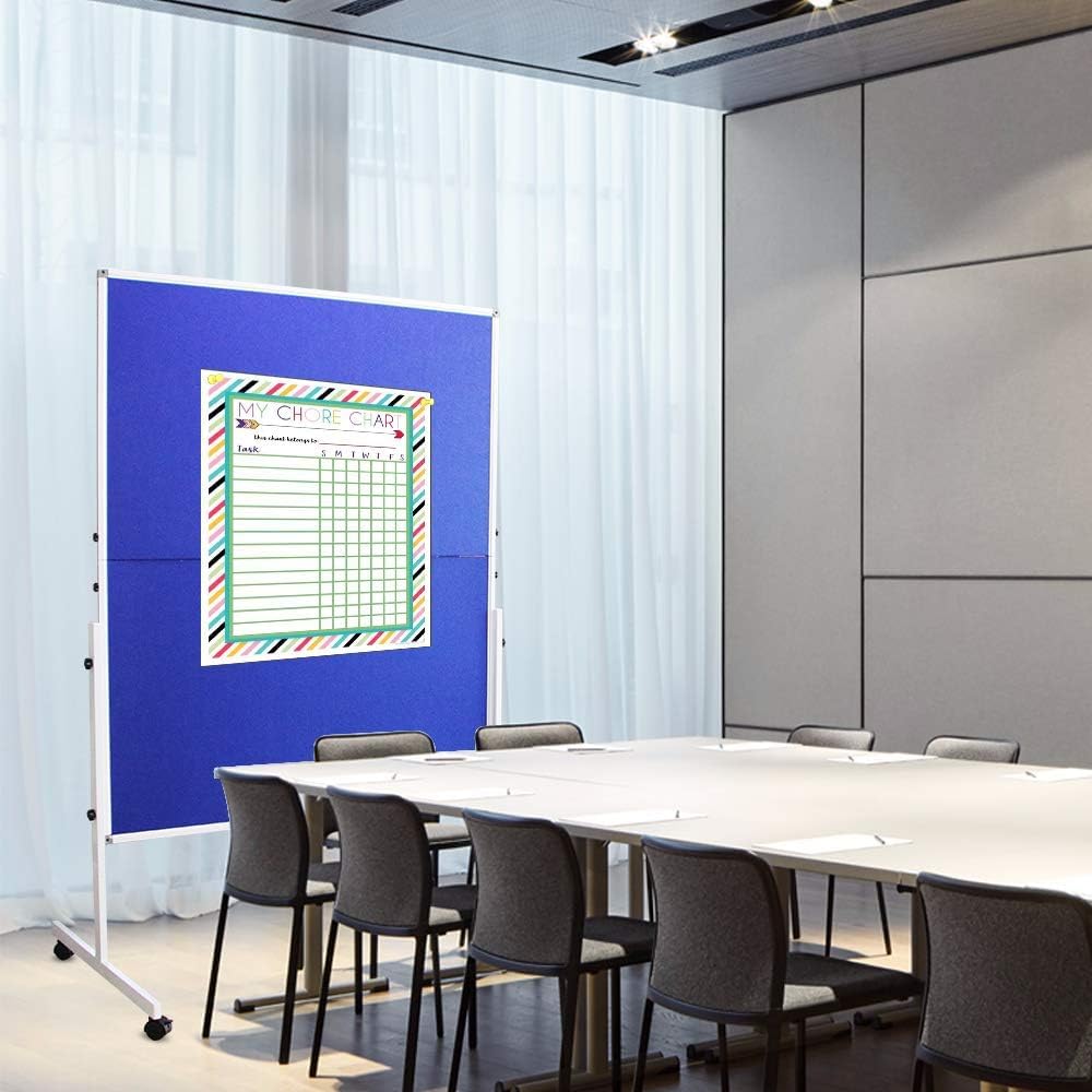 XIWODE Tablón de anuncios de tela azul plegable móvil de doble cara, con soporte, 150 x 120 cm, pantallas móviles independientes, para presentación y presentación