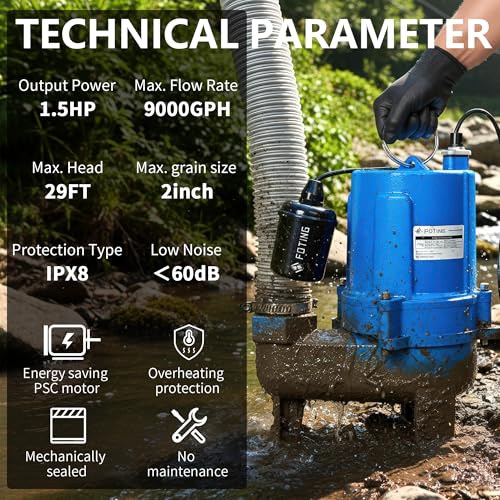Image of FOTING 1.5HP 9000GPH Sump Pump Submersible Sewage /Effluent Pump - Heavy Duty Cast Iron Automatic /Manual- Septic Pump for Sump Basin /Residential /Sewage /Basement,Sewage Pumps 2'' NPT Discharge,Blue