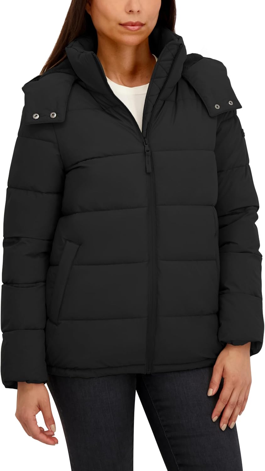 HFX Women's Mid-Weight Stretch Puffer Jacket – Water-Resistant Winter Coat, Zip-Off Faux Fur Hood, Black - Image 6