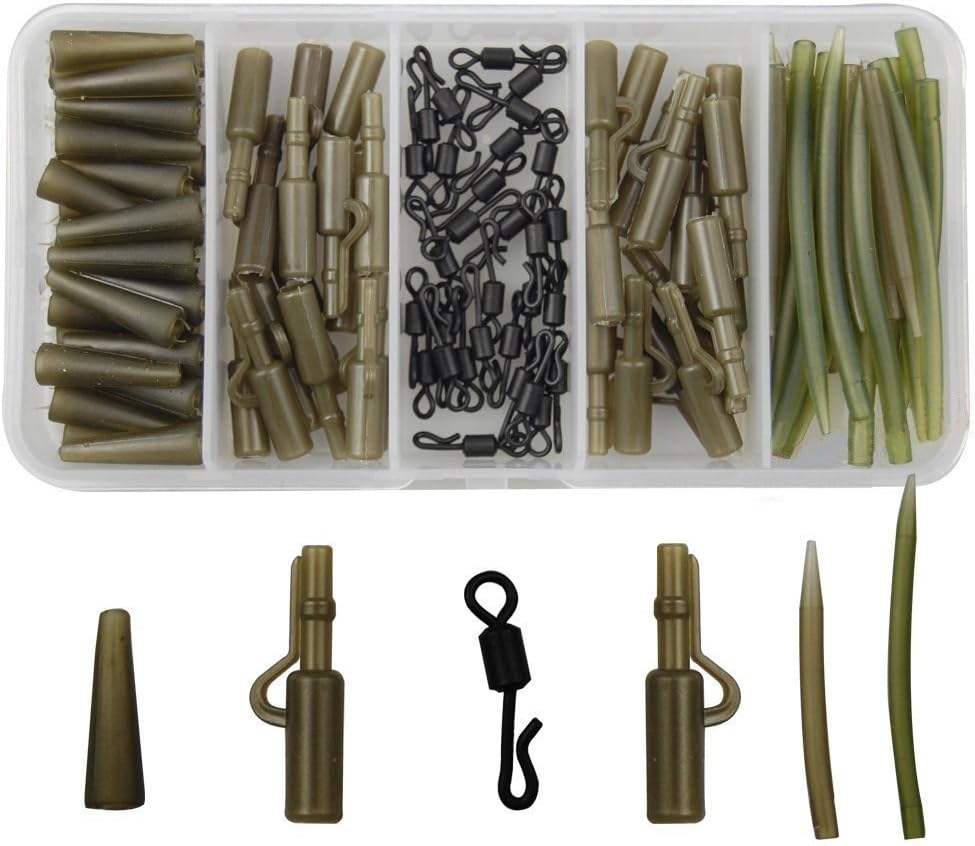 JSHANMEI 120pcs/box Carp Fishing Tackle Kit Bundle Safety Leader-Clips Quick Swivel Anti-Tangle Sleeve Kit