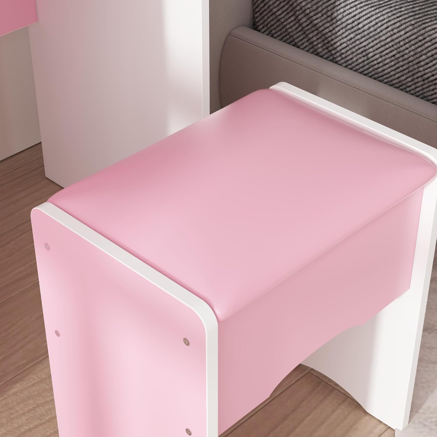 FUFU&GAGA Vanity Set with Rectangular Mirror & Lights, Makeup Vanity Dressing Table with 5 Drawers, Shelves, Dresser Desk and Cushioned Stool Set (Pink/Lighted Mirror)
