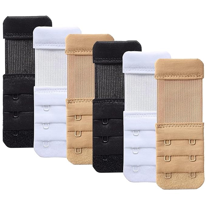 Save Your Bra Increase Band Length-Bra Extensions Bra Hook Extender-2 Hook - 3 Rows (with Extra Elastic) (Combo White Black Beige Pack of 6)-image-29