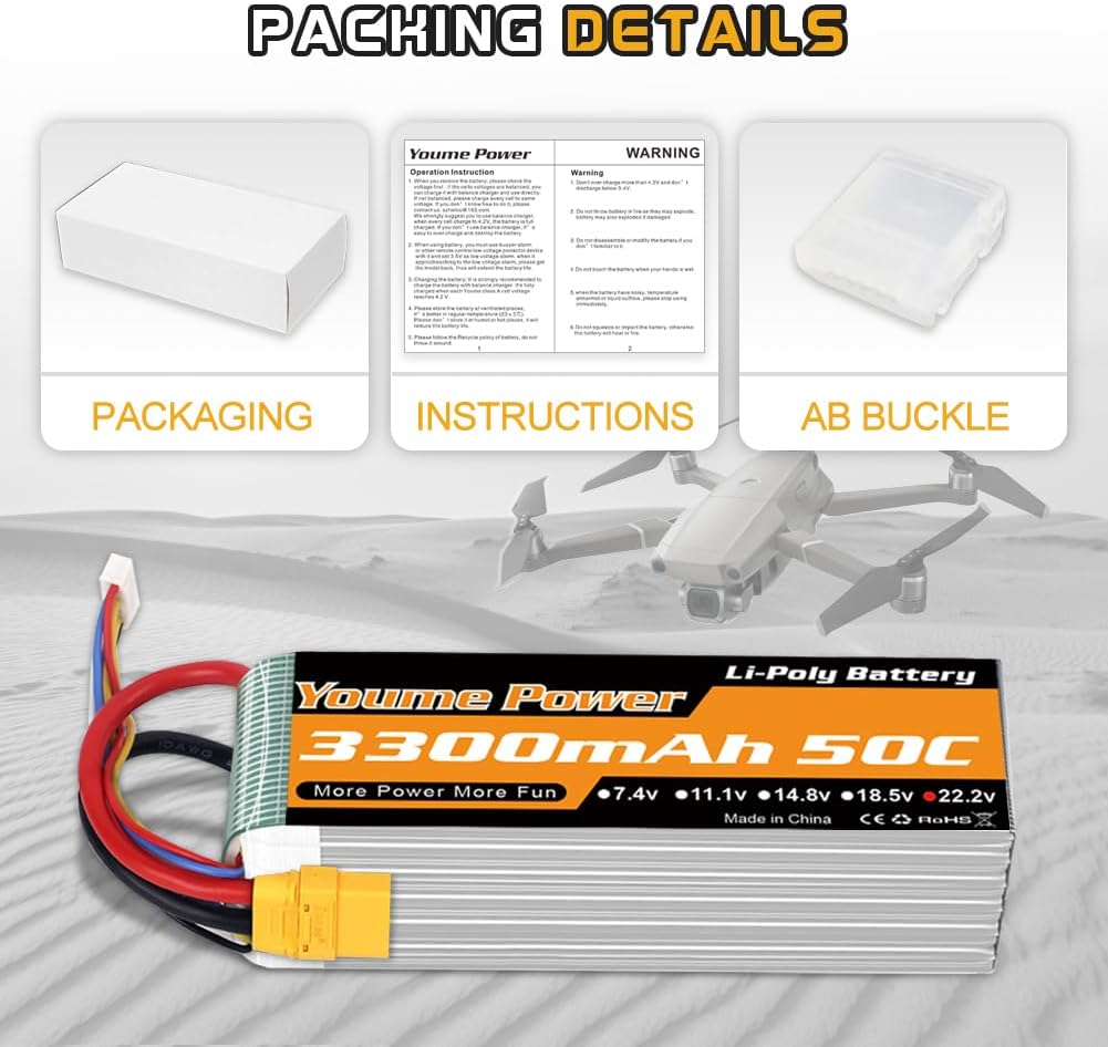 22.2V LiPo Battery 3300mAh,Lipo 6S Battery 50C XT90 Plug for RC Airplane RC Helicopter RC Quadcopter Drone Car Truck Boat Model(2 Packs)