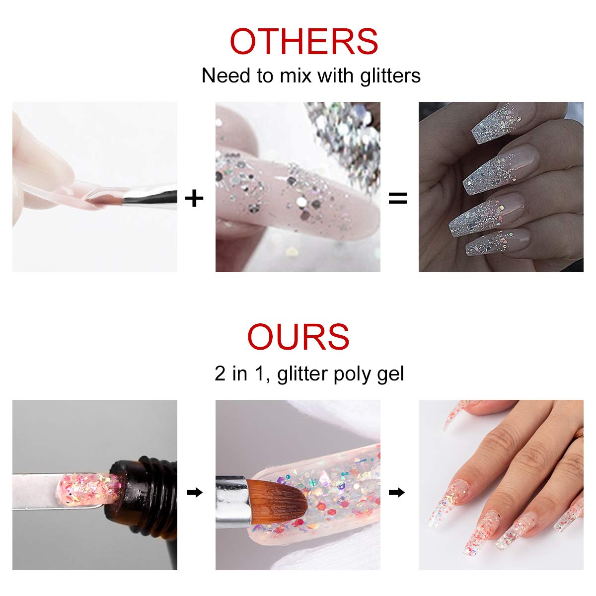 Saviland Glitter Poly Nails Gel Kit, 3 Colors 30ml Diamond Builder Gel Sparkling Quick Nail Extension Gel Kit with Slip Solution Nail Tips(Silver Pink)
