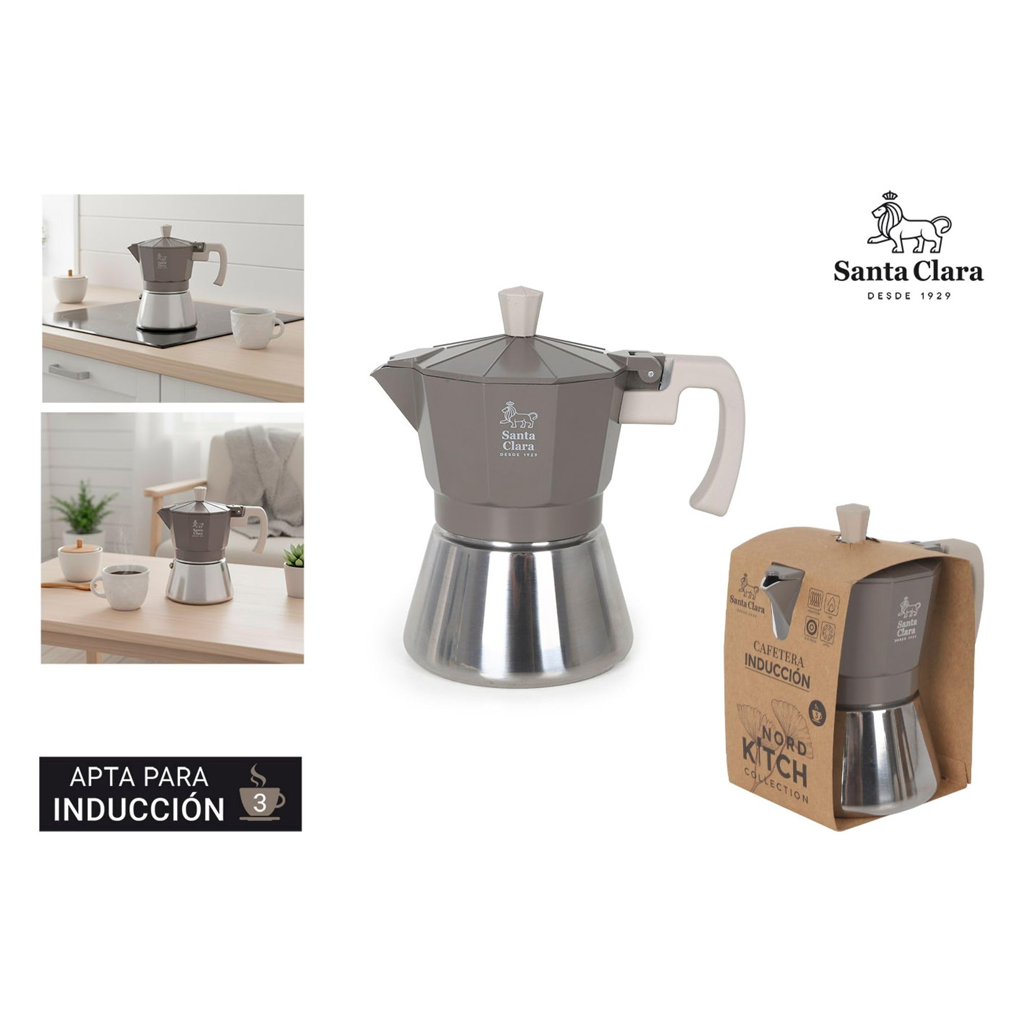 INDE SANTA CLARA | Cafetera Italiana Moka Nordkitch 3 Tazas 150 ml, Cuerpo de Aluminio y Base de Acero Inoxidable, Apta para Inducción y Todo Tipo de Fuegos, Asa Soft Touch — view 6