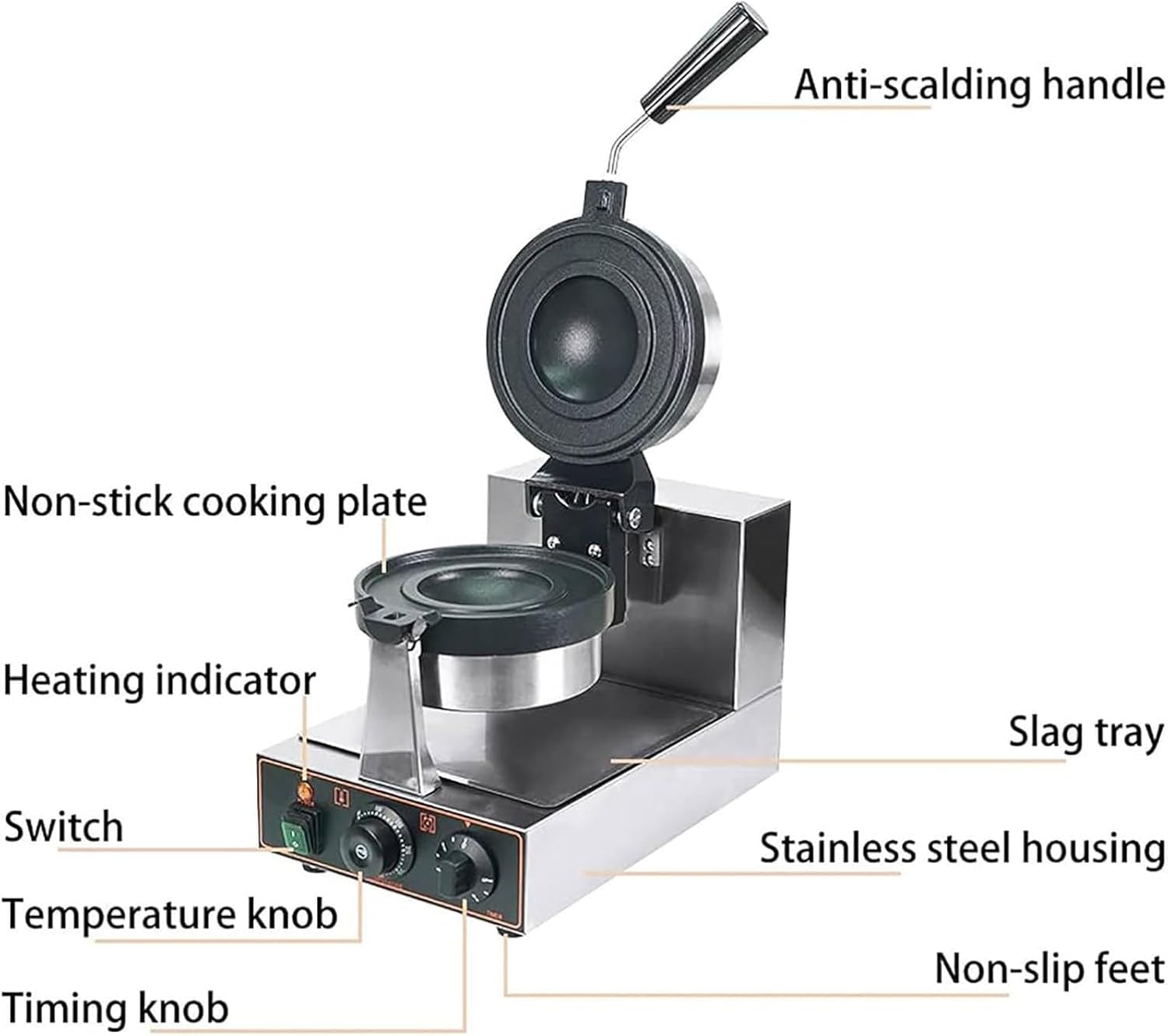 Electric Burr Waffle Maker, Non-Stick Panini Press & Ice Cream Maker, 1300W Stainless Steel, Professional Kitchen Appliance for Home & Restaurant Use
