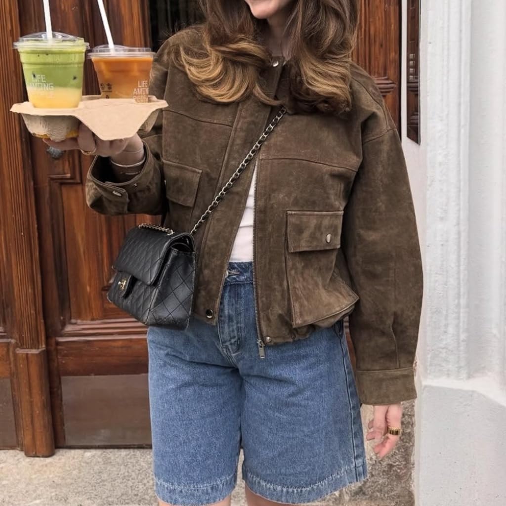 Suede Jacket Women Brown Long Sleeve Lapel Zip Up Faux Suede Jacket Women 2025