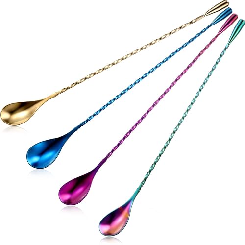 Boao 4 Pcs 12 Inch Stainless Steel Cocktail Spoons Rainbow Assortment