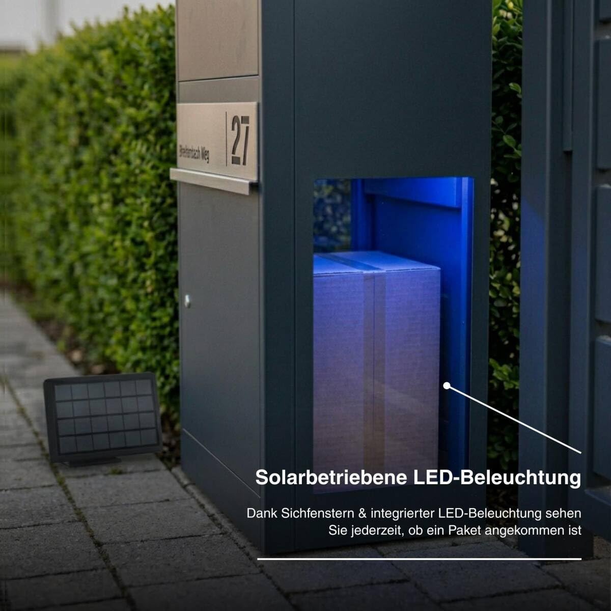 Metzler Paketbox mit Briefkasten | Paketbriefkasten mit LED | seitliche Sichtfenster | Paketkasten personalisiert mit Gravur | RAL 7016 Anthrazit | Bispo 2