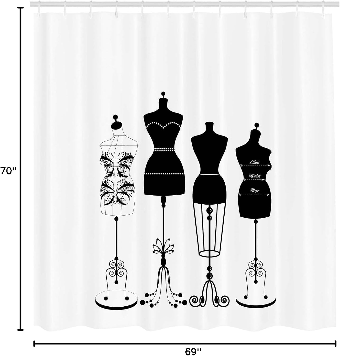 Lunarable Dress Shower Curtain, Ornamental Vintage Standing Tailor Mannequin Body Female Outfit Boutique, Cloth Fabric Bathroom Decor Set with Hooks, 69" W x 70" L, Charcoal Grey and White