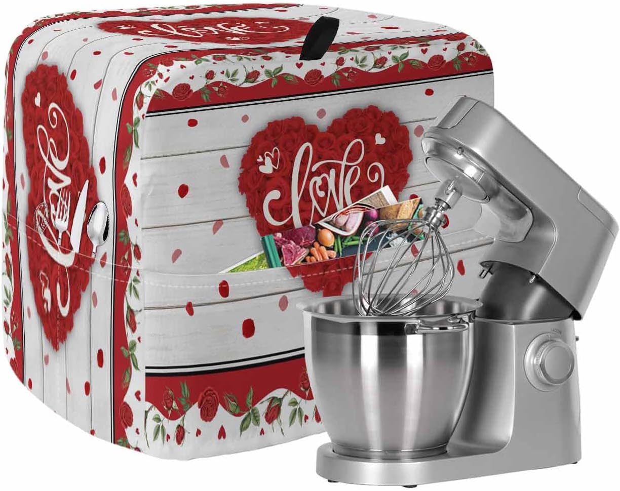Stand Mixer Cover with Storage Pocket, Valentine's Day Waterproof Kitchen Mixer Covers, Red Love Heart Roses Romantic Wooden Kitchen Appliance Dust Cover Compatible with 6-9 Quart Mixers