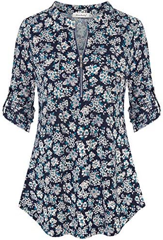 Ninedaily Tunics for Women, Summer Shorts Sleeve Blouse Fashion 2023 Casual Business Clothing Going Out Elegant Outfits Chiffon Peasant Shirts Ladies Navy Size XXL