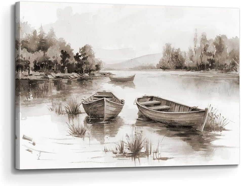 the stream design Lake Canvas Wall Art Painting: Nature Landscape Picture Textured Boat Scenery Print Artwork Bedroom Living Room Decor