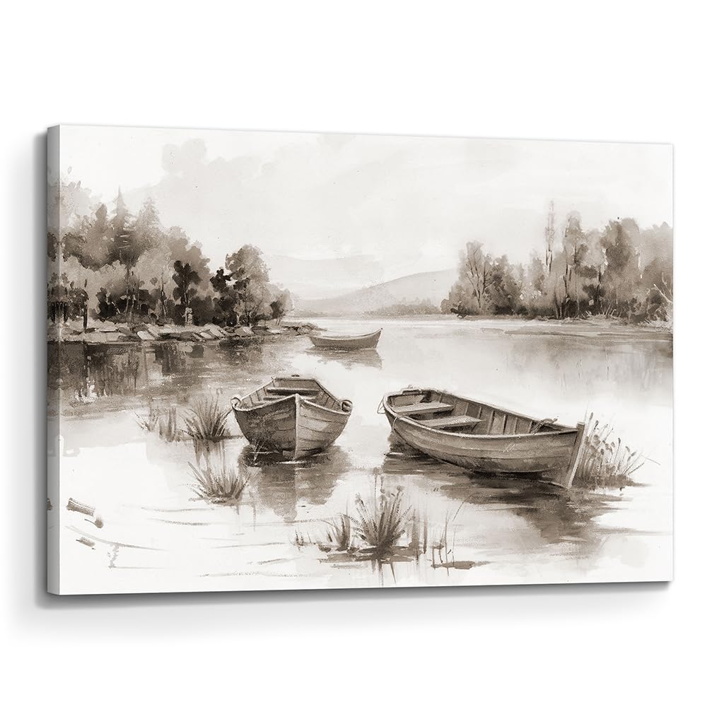 Lake Painting Wall Art Canvas: Landscape Picture Textured Boat Scenery Artwork Decor Nature Print for Living Room Bedroom