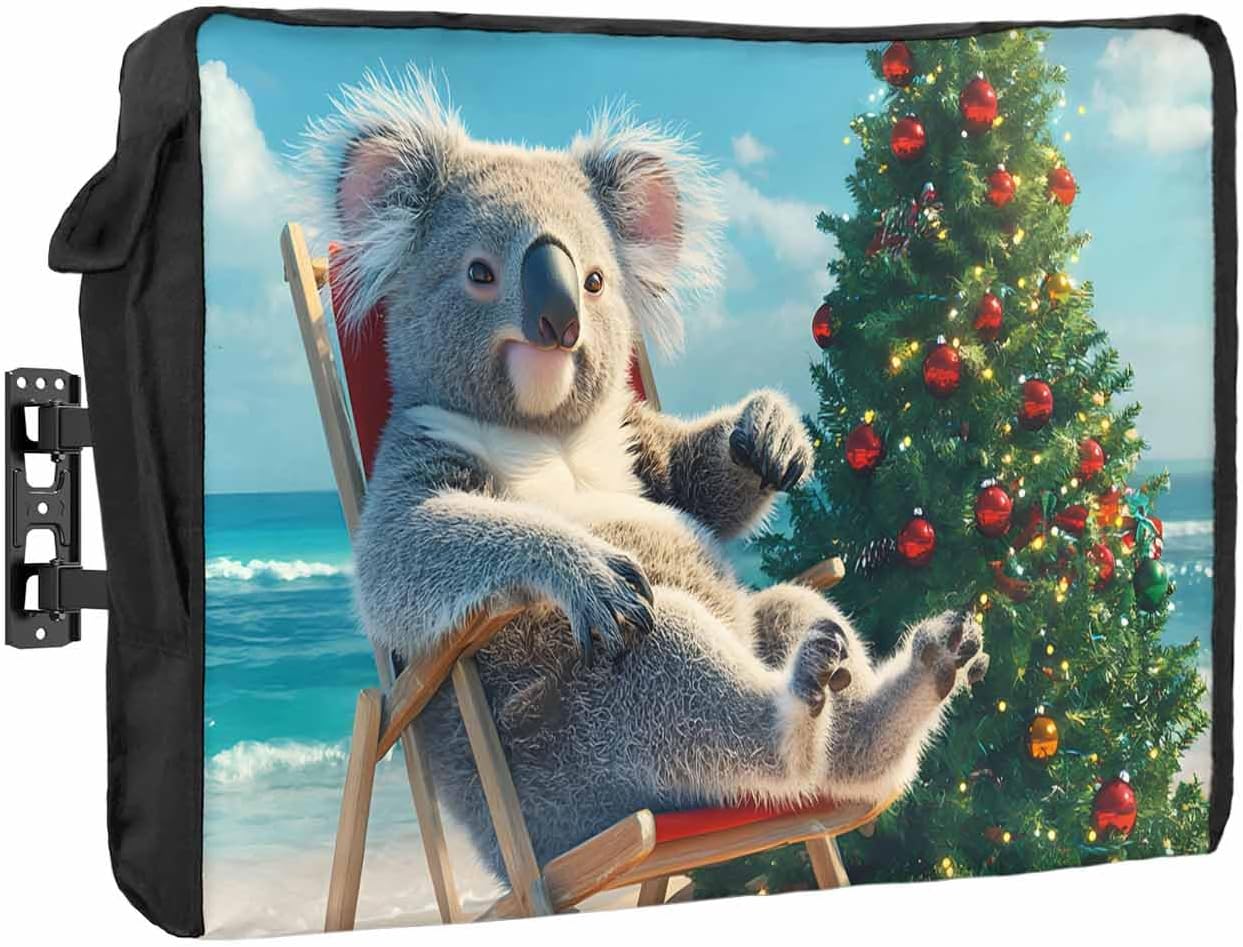 Christmas Koala Coastal Outdoor TV Cover 70"-75" - 600D Waterproof TV Cover Weatherproof TV Screen Protector Dustproof Winter Xmas Tree Balls Star Green TV Display Protector for Outside Flat Screen TV