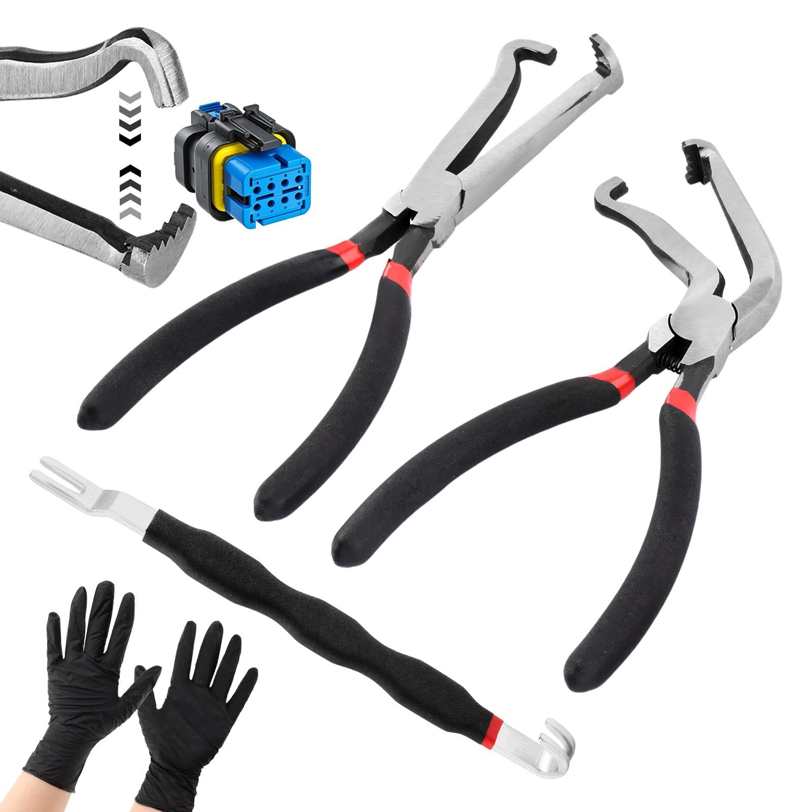 3 PCS Electrical Disconnect Pliers with Gloves, Straight and 60° Bend Electrical Connector Separator, Cars Fuel Line Disconnect Tool, Automotive Wire Locking Push Tab Style Plugs
