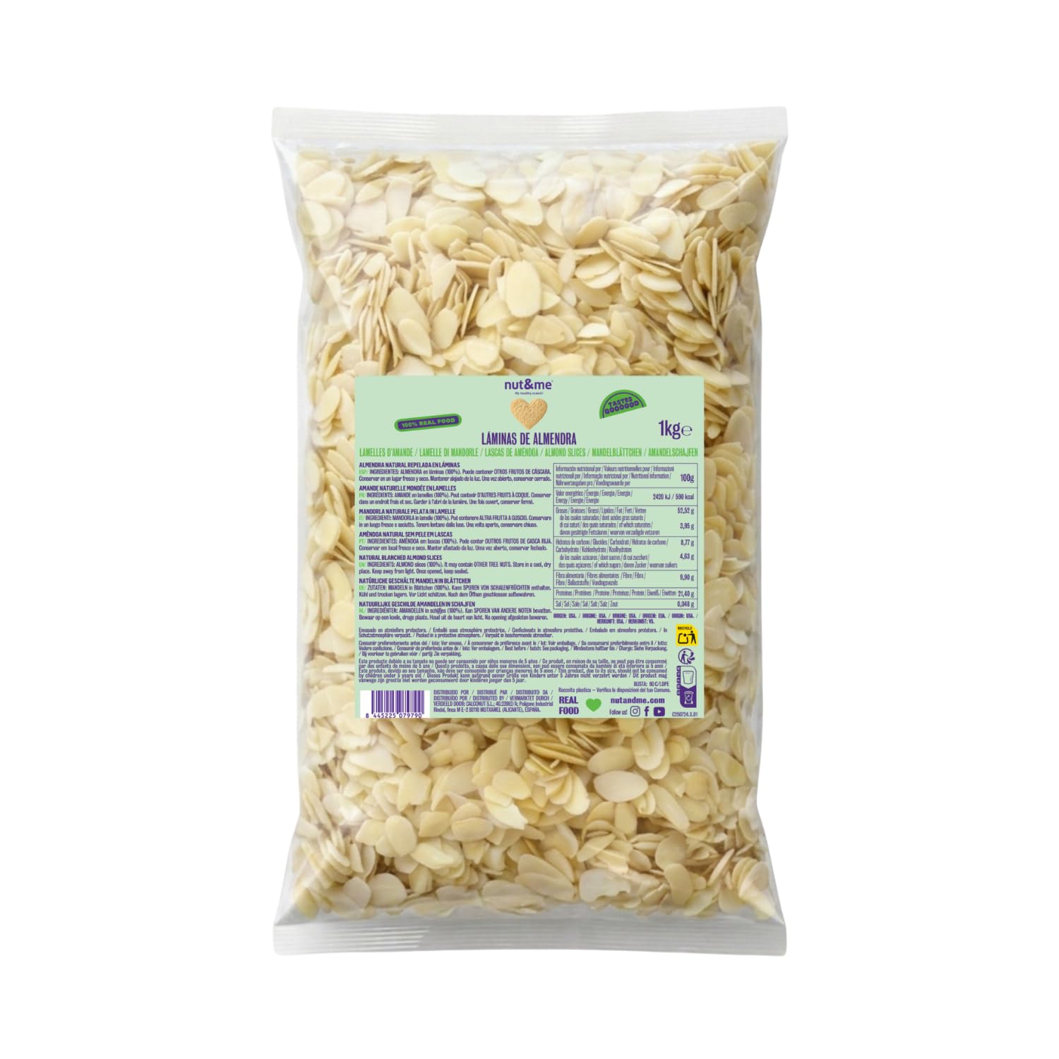 Almendra laminada 1 kg nut&me | Láminas de almendra pelada | Almendras crudas | Sin aditivos ni conservantes | Fuentes de proteínas | Sin sal | Roscon de reyes |
