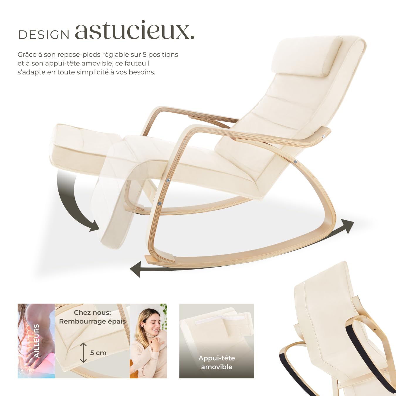 tectake® Fauteuil à Bascule avec Accoudoirs & Repose Pieds Réglable en 5X Rocking Chair Fauteuil Relax rembourée Cadre en Bois Fauteuil Salon Veranda, Chaise Ergonomique idéal Détente, Allaitement