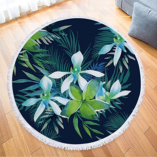Icosamro Round Beach Towel Tropical Microfiber Beach Blanket Large Roundie Green Leaves Floral Plant Lightweight Beach Towel For Kids Women Girl Boy, 59 Inches #TOP6