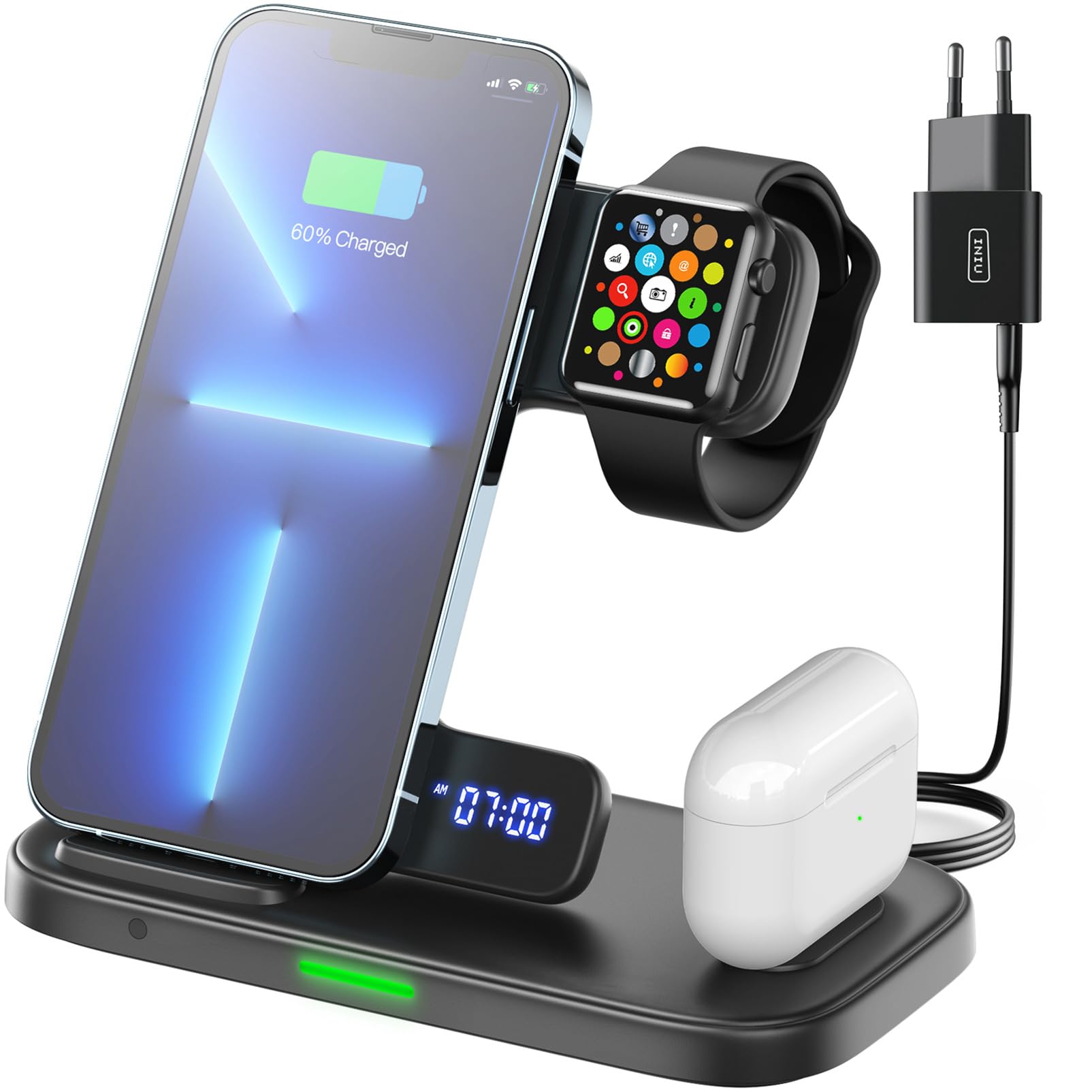 INIU Stazione di Ricarica Apple, 15W Qi Caricatore Wireless 3 in 1 per iPhone, Apple Watch e AirPods, Dock Station Apple con Cavo e Adattatore Inclusi