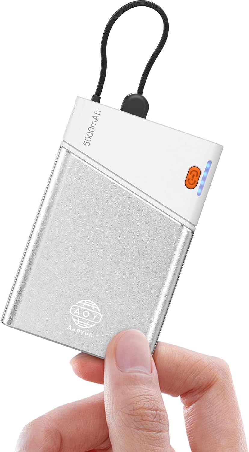 Mini Portable Power Bank, Smallest 5000mAh Portable Charger with Built-in USB C in&Out Fast Charging Cable, Compact Super Slim Mini Battery Pack for iPhone 17/16/15/14 Samsung S24 Android
