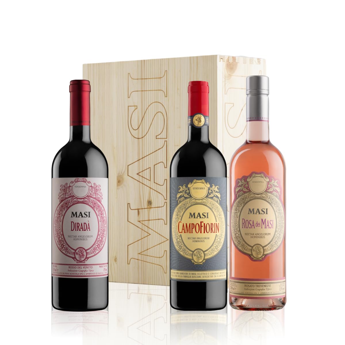 Paquet exclusif "Matices de Masi" | DIRADA' Rosso Veneto IGT, CAMPOFIORIN Rosso Verona IGT, ROSA DEI MASI Rosado delle Venezie IGT | 3X750 ml | Caisse en bois