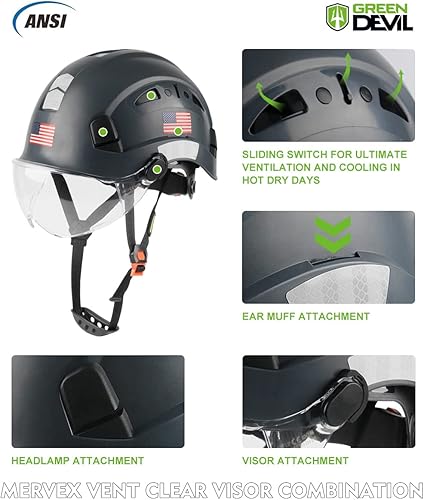 Miniatura 3 de GREEN DEVIL Casco de seguridad con visera ajustable, ligero, ventilado, ABS, para hombres y mujeres, suspensión de 6 puntos, aprobado por ANSI