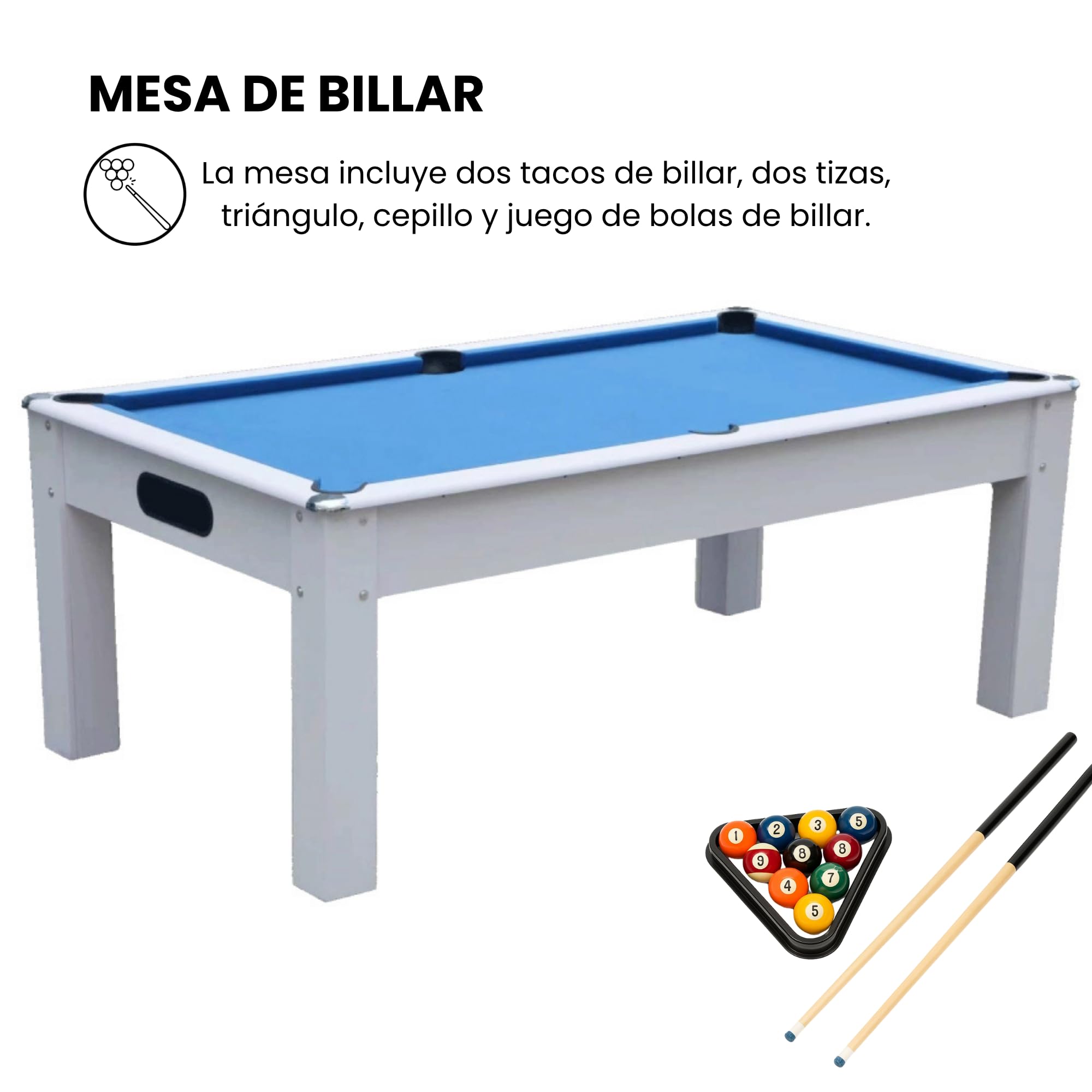 DEVESSPORT Mesa de Billar 3  en 1 Blanca - Billar, Ping Pong y Mesa de Comedor Incluye Todos los Accesorios, Fabricado de MDF, niveladores de Patas y Dimensiones 215x121x78cm