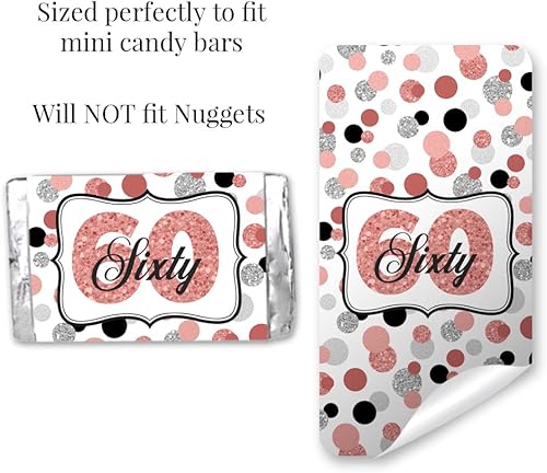 Miniatura 5 de Amanda Creation - Mini envoltorios de calcomanías con diseño de lunares de color oro rosa con confeti para fiesta de cumpleaños número 60, 45