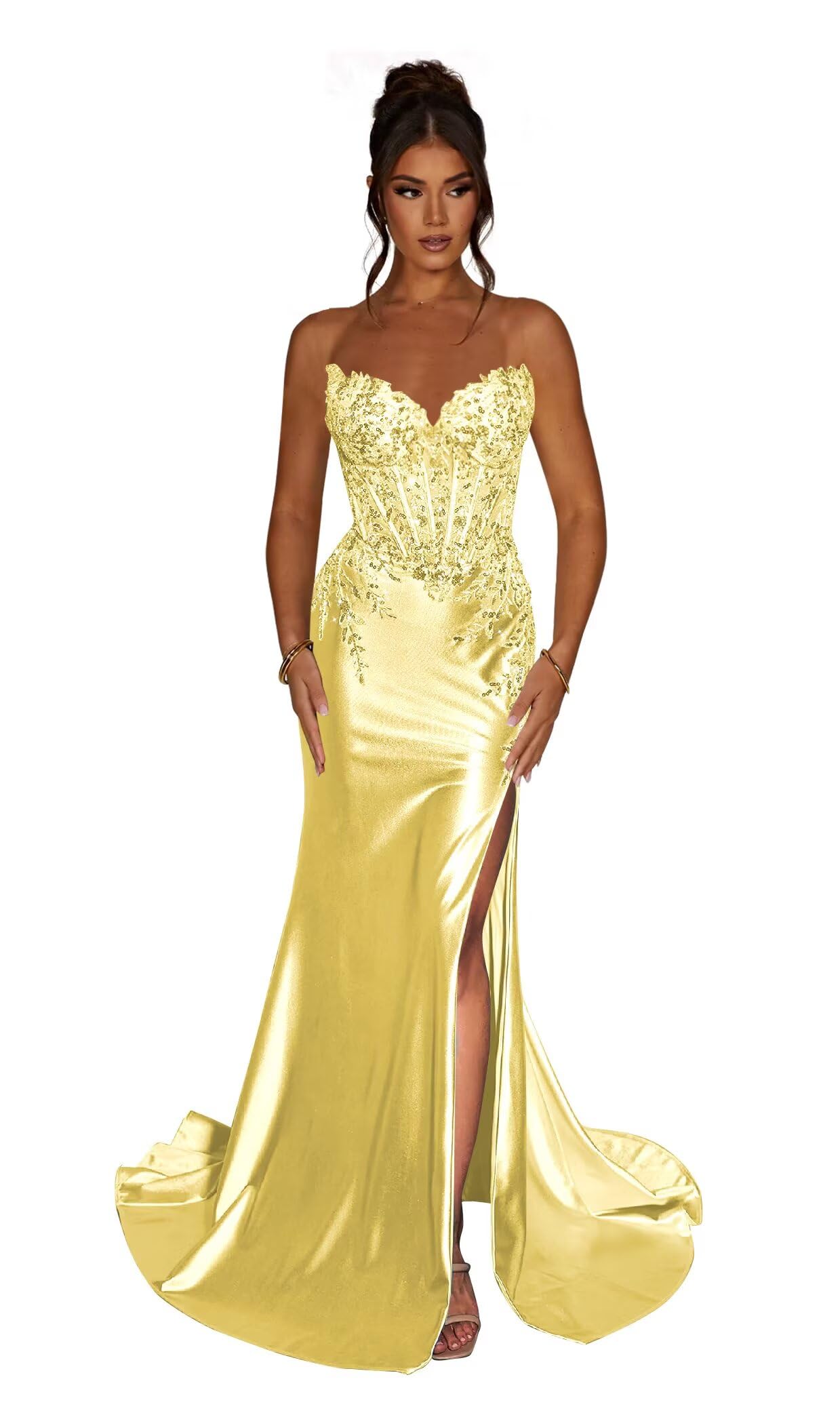 WoyiamStrapless Prom Dresses for Women 2025 Long Sparkly Sequin Mermaid Evening Dresses Formal Gown with Slit